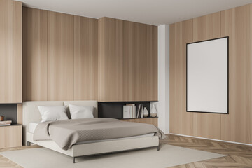 Wooden bedroom interior with bed, linens and mockup poster