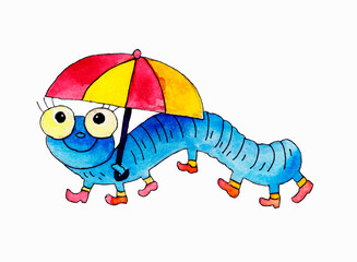 Funny blue caterpillar with an umbrella and pink shoes. Watercolor children's illustration on a white background for children's goods and textiles.