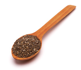 Wooden spoon of organic natural chia seeds close-up isolated