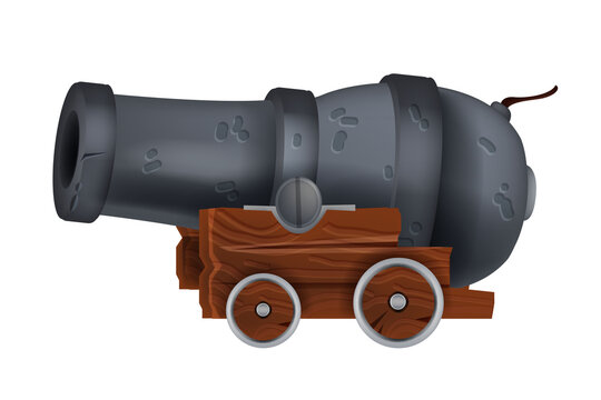 recommend clip art: Pirate vintage iron cannon, vector ancient artillery corsair gun illustration isolated on white, wooden wheel. Old military war weapon, medieval historic explosion battle object. Pirate cannon clipart