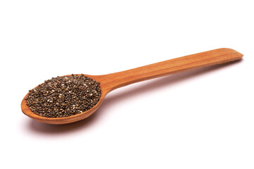 Wooden spoon of organic natural chia seeds close-up isolated