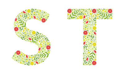 Floral Alphabet Capital Letter Arranged of Floret and Green Leaf Vector Set