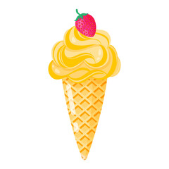 Yellow Ice cream cone or sundae with strawberry.