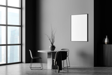 Wall mockup in grey living space with small dining table. Corner view.