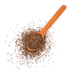 Wooden spoon of organic natural chia seeds close-up isolated