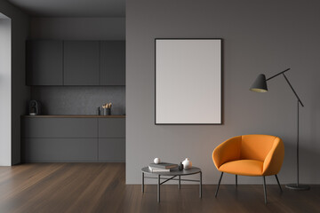 Minimalist grey kitchen room with accent orange armchair in hall