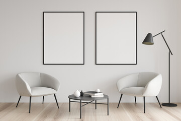 Living room with two canvases in modern white seating area