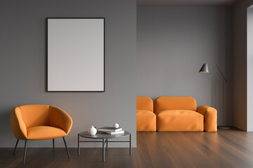 Grey and orange living room with canvas in entrance hall
