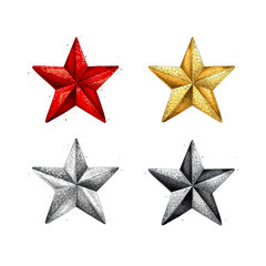 Four shiny stars: red, gold, silver, black. Vector Christmas and New Year holiday elements.