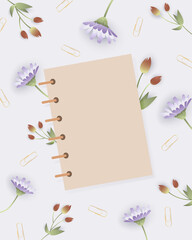 Fototapeta na wymiar Spring background with flowers and notepad. Business background.