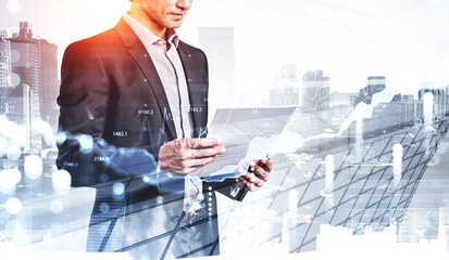 Businessman with business contract in hands, rising arrows and skyscrapers