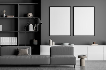 Two canvases on wall in dark grey living room