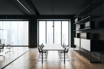 Minimalist grey and brown meeting room