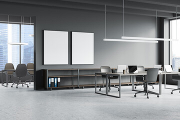 Two mockup frames in grey open space office with background meeting room