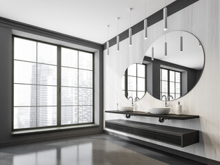 Creative bathroom mirror on white wood wall. Corner view.