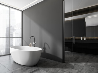 Naklejka na ściany i meble Dark grey bathroom with shelf vanity on background. Corner view.