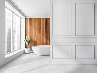 White bathroom with wood wall on background