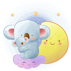 Cute funny koala sleeping on a cloud under the stars and the moon