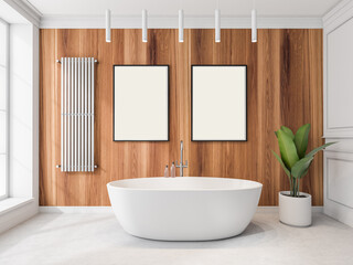 Naklejka na ściany i meble Two canvases on wood wall and round white bathtub in modern bathroom
