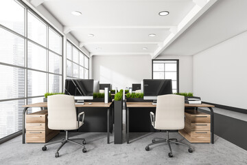 Fototapeta na wymiar Panoramic white office with four workplaces