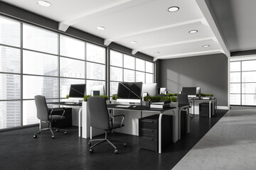 Grey open space office workplace. Corner view.