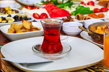 Freshly brewed hot  tea at the  breakfast table