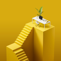 Abstract bright yellow staircase with office desk on landing