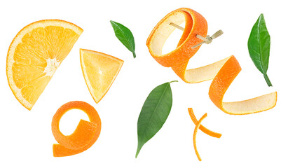Top view of orange fruit isolated on a white background - orange slice, zest of orange and leaves...