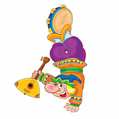 buffoon entertains the audience, stands on one hand in the other hand holds a balalaika and taps a tambourine with his feet, cartoon illustration, isolated object on a white background, vector, - obrazy, fototapety, plakaty