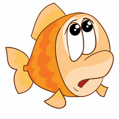 cute goldfish character looking up scared, cartoon illustration, isolated object on white background, vector,