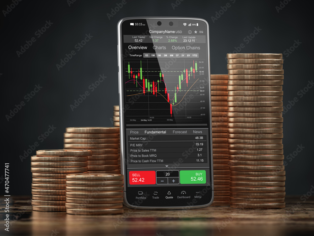 Aufkleber mobile phone with trading platform app on the screen and coin stacks. stock exchange market and nves