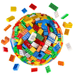 Sphere from colored toy bricks and blocks isolated on white.