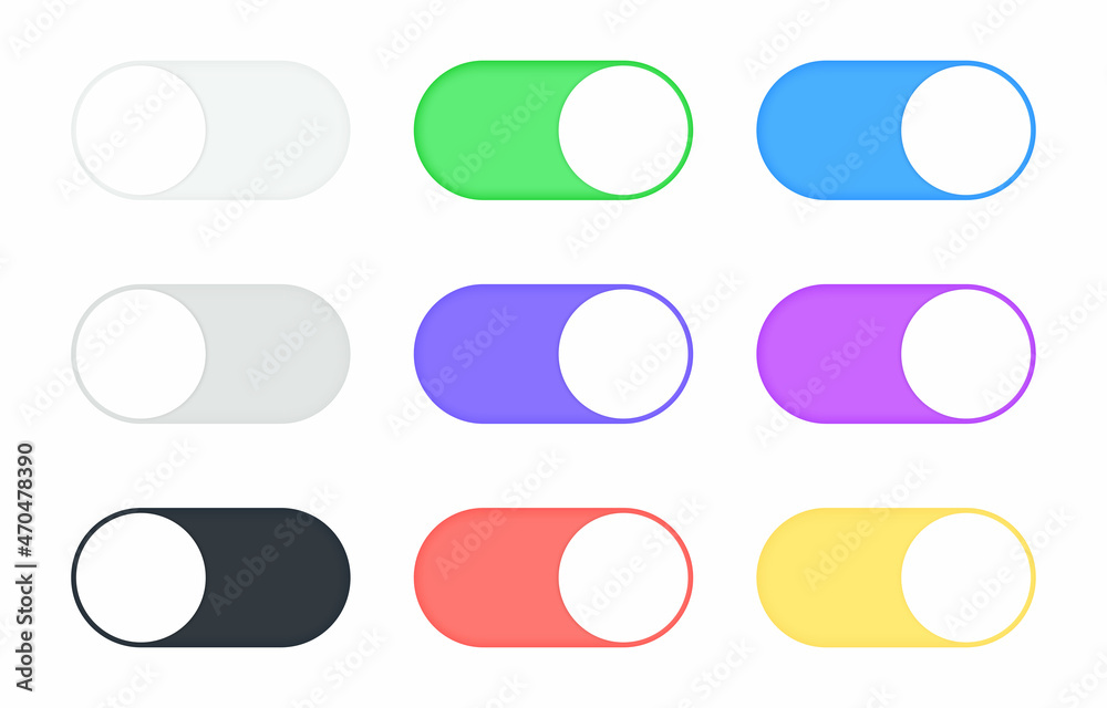 Poster toggle switch buttons set. on and off. black, gray, white and colorful switch interface buttons. tem