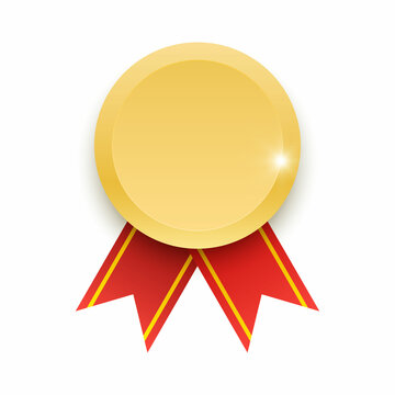 Realistic shiny gold award medal. Winner medal icon with red ribbon and shadow. Premium badge. Championship award sign. Achievement, victory concept. Vector illustration