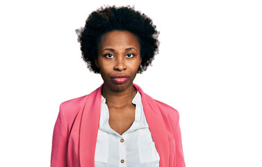 African american woman with afro hair wearing business jacket looking sleepy and tired, exhausted for fatigue and hangover, lazy eyes in the morning.
