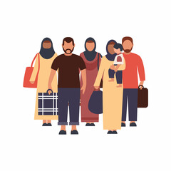 Group of refugees, migration crisis in Belarus and Poland. War migration waves going to Europe. World Refugee day concept. International Migrants Day concept. Refugee Family with Children.