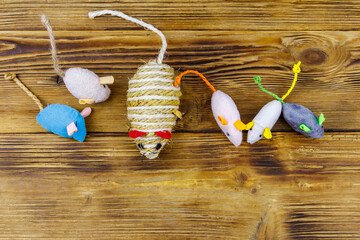 Set of mouses toys for cat on wooden background. Top view