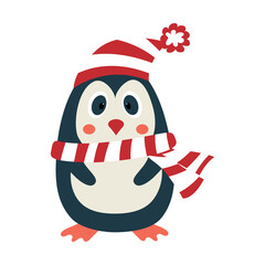 Cartoon penguin wearing a striped scarf and knitted cap