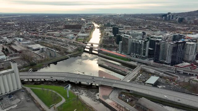 Aerial view of Canal Lachine in Griffintown neighbourhood and bassin Peel future site of baseball stadium