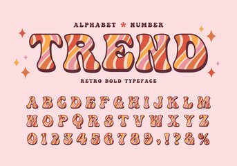 Groovy retro alphabet & number. Wave swirl pattern font. Seventies nostalgic typographic. Vintage 60s, 70s bold typeface for poster, graphic print, design layout, merchandise, etc. - obrazy, fototapety, plakaty