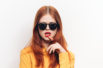 fashionable woman wearing sunglasses red lips charm