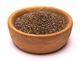 Wooden bowl of organic natural chia seeds close-up isolated