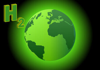 H2. Hidrógeno verde, energía verde, limpia y renovable. El planeta Tierra emitiendo h2, energía verde al espacio