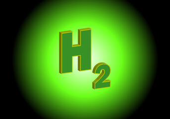 H2 Hidrógeno verde. Energías renovable, verde y limpia. Texto h2 sobre resplandor radial verde sobre fondo negro