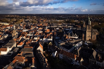 Aerial view of picturesque tower town Zutphen in The Netherlands with the Walburgiskerk church...