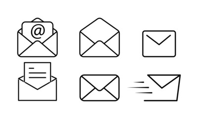 Message or letter thin set line icons in black. Send mail concept. Alat style isolated symbol, for: illustration, minimalistic, logo, outline, app, emblem, design, web, ui, ux, gui. Vector EPS 10