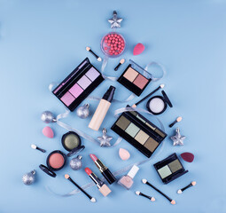 Christmas tree made from decorative make up cosmetics