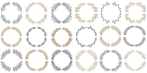 Vector illustration of hand drawn wreaths. Cute doodle floral wreath frame set.