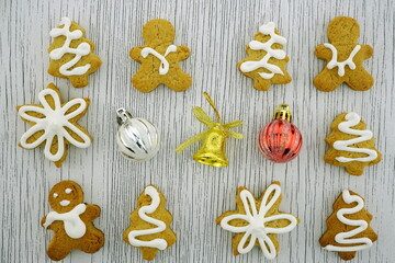 Closeup of fresh baked homemade cookies. Christmas background with gingerbread. New Year  composition of decorations. Top view, copy space, flat lay.