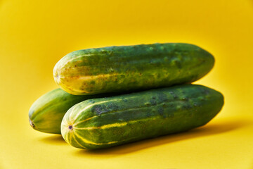  Bunch of cucumbers on a yellow background